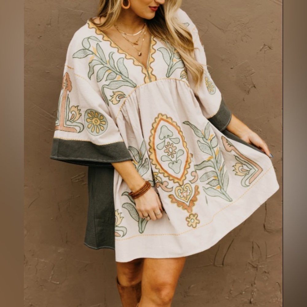 Anthropologie Embroidered Midi Dress - Cream and Green